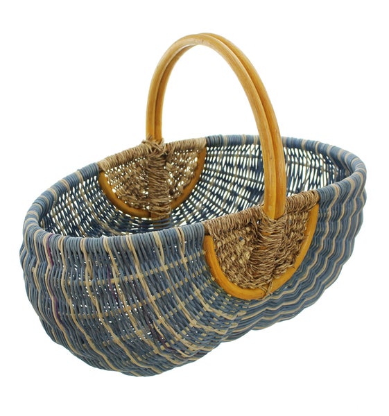 FRANK FLECHTWAREN | Einkaufskorb Blau/Natur, RATTAN, 49 x 34 x 24 cm, GH 38 cm