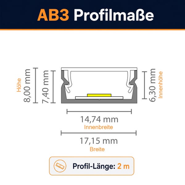 Technische Zeichnung der Profilmaße des LED Aluminium Profils AB3 mit einer Länge von 2 Metern.