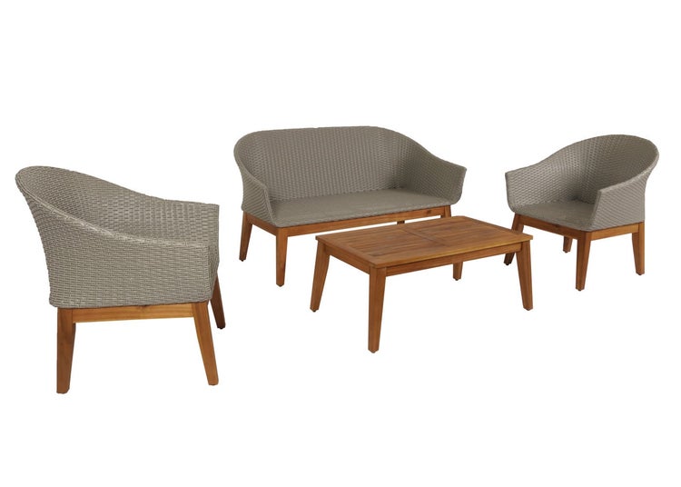 Vierteiliges Gartenmöbel-Set aus Holz und Kunststoffgeflecht, bestehend aus einem Sofa, zwei Sesseln und einem Couchtisch.