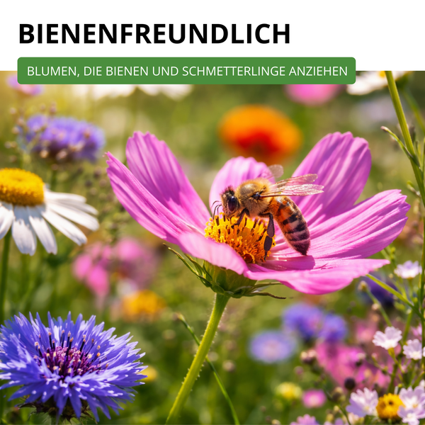 Bienenfreundliche Blumen, die Bienen und Schmetterlinge anziehen. Biene auf einer Blüte in einer Wildblumenwiese.