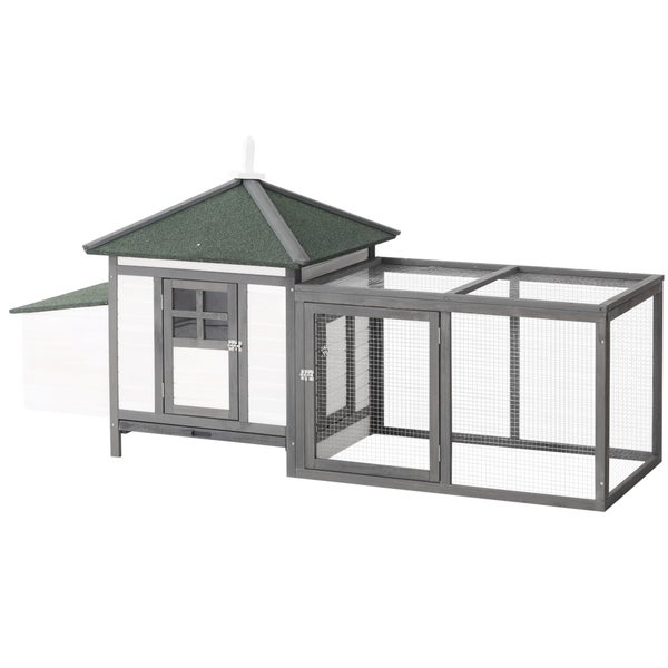 PawHut Hühnerstall für Zwerghühner 196 x 76 x 97 cm Hühnerhaus mit Nistkasten, Freilaufgehege Sitzstange, Kleintierstall aus Holz, Grau