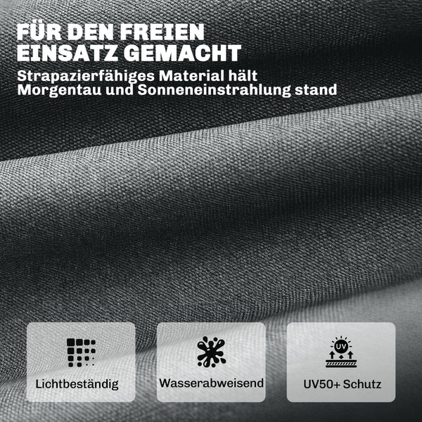 Strapazierfähiges Gewebe mit Symbolen für Lichtbeständigkeit, wasserabweisende Eigenschaften und UV 50 Plus Schutz.
