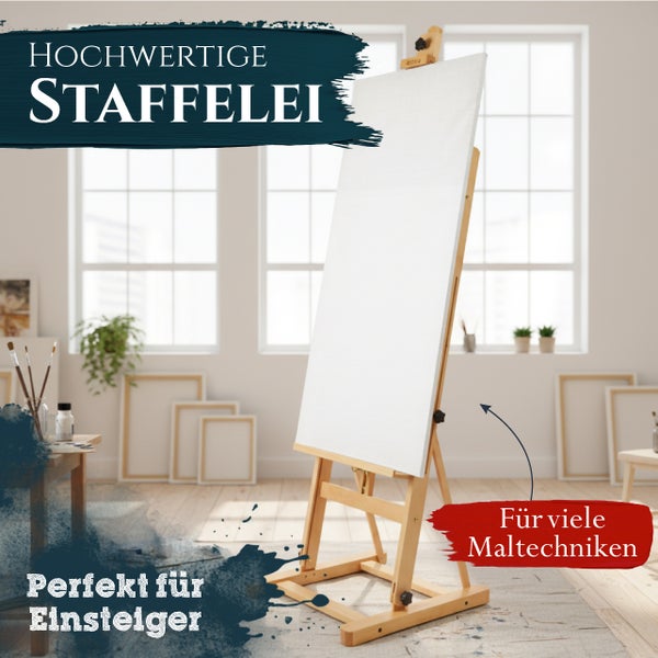 Eine hochwertige Holzstaffelei mit einer leeren Leinwand in einem hellen Atelier, geeignet für Einsteiger und verschiedene Maltechniken.