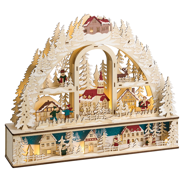 Weihnachtliche Lichterbogen-Dekoration aus Holz mit Winterdorf-Motiv