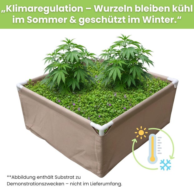 Hochbeet mit Pflanzen und Klimaregulierungsanzeige für kühle Wurzeln im Sommer und Schutz im Winter