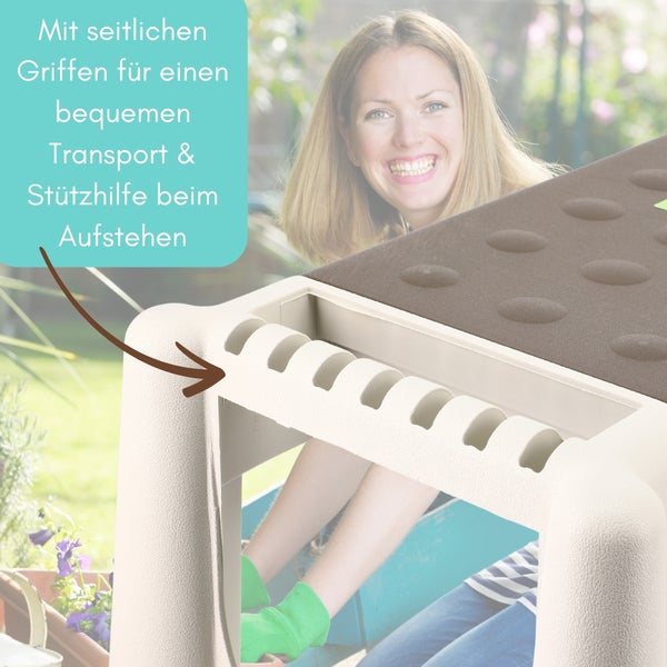 Detailansicht einer Gartenbank mit seitlichen Griffen für einfachen Transport und Unterstützung beim Aufstehen.