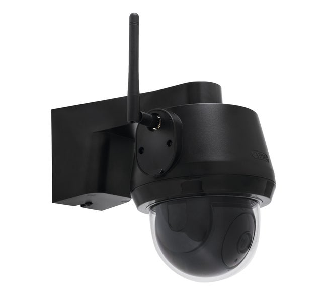 ABUS WLAN Dome Überwachungskamera für die Wandmontage, schwarz mit Antenne.