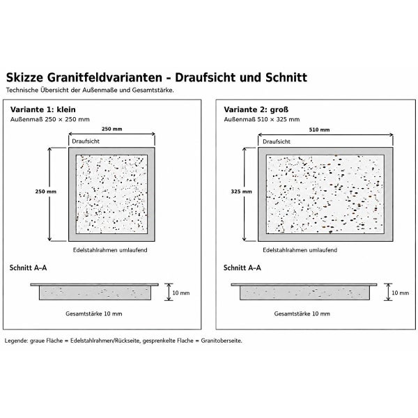 Technische Skizze mit Draufsicht und Schnittzeichnung von zwei Granitfeldvarianten mit Edelstahlrahmen und Angaben zu Außenmaßen und Stärke.