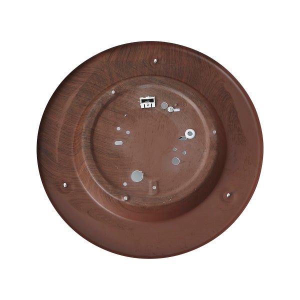 Rückansicht einer runden Deckenleuchte in Holzoptik mit Montageöffnungen und Anschlussklemmen.