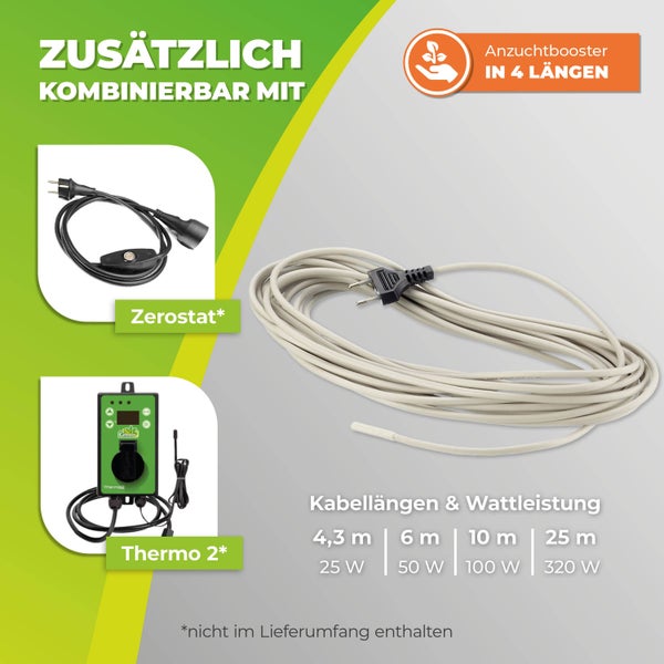Anzuchtbooster Heizkabel in verschiedenen Längen von 4,3 bis 25 Meter und Leistungen von 25 bis 320 Watt, kombinierbar mit Zerostat und Thermo 2.