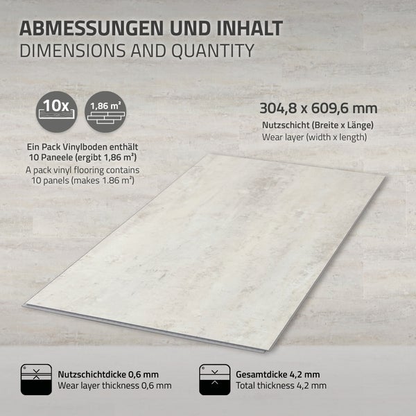 Grafik mit technischen Spezifikationen für Vinylboden mit 10 Paneelen, 1,86 Quadratmeter Inhalt, Panelmaßen von 304,8 mal 609,6 Millimeter.