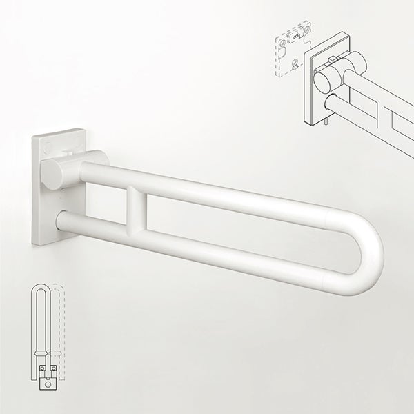 Wandmontierter Stützklappgriff für das Badezimmer, klappbar, zwei parallele Stangen mit Verbindungssteg, weiß.