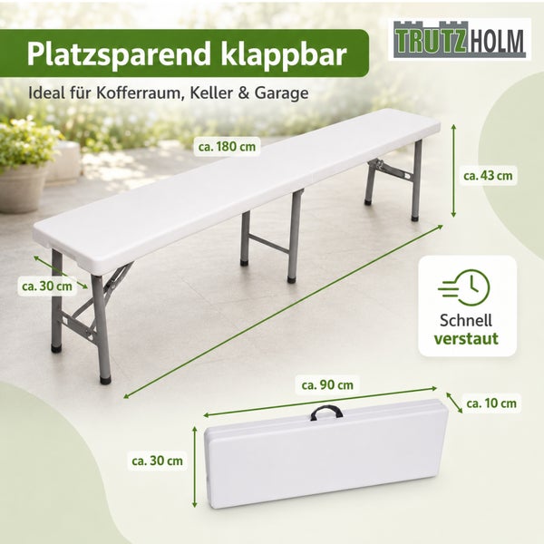 Trutzholm klappbare Sitzbank 180 Zentimeter lang, platzsparend zusammenklappbar auf 90 Zentimeter, inklusive Tragegriff für einfachen Transport.