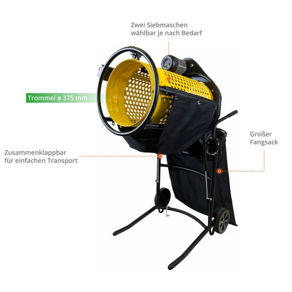 Gartensiebmaschine mit Trommel von 375 mm Durchmesser und großem Fangsack