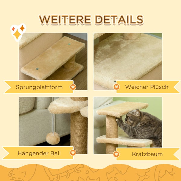 PawHut Haustiertreppe, 3/4-stufige höhenverstellbare Katzentreppe mit Schlafhöhle 2 in 1 praktische Hunderampe für kleine Hunde und Katzen Einstieghilfe für hohe Betten Sofa Beige 60 x 40 x 66 cm