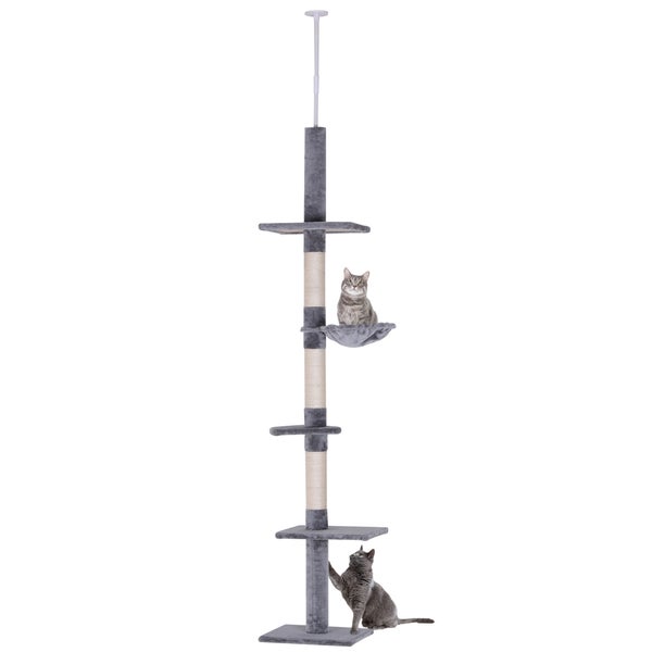 PawHut Kratzbaum Deckenhoch höhenverstellbar, stabiler Katzenbaum mit Sisalsäulen, Katzen Kletterbaum, Grau, 40 x 34 x 230-260 cm
