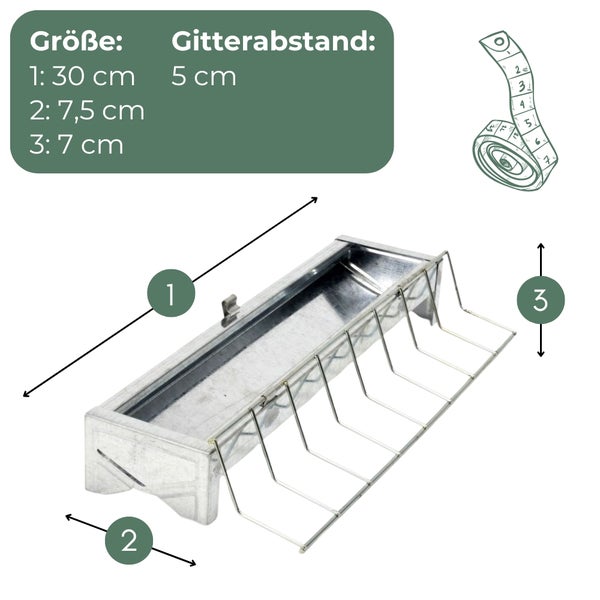 Maße einer Heuraufe mit Gitterabstand.