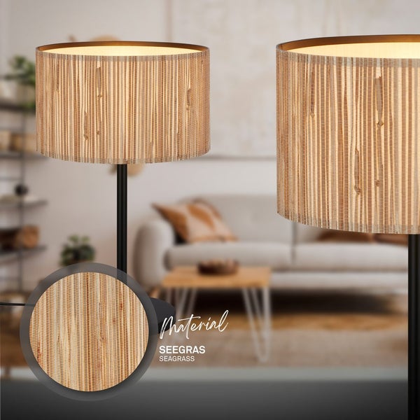 Briloner Slama Tischlampe, Seegras Schirm, Kabelschalter, Boho-Stil, E27 Fassung, Natur, Ø25 x 41,5 cm