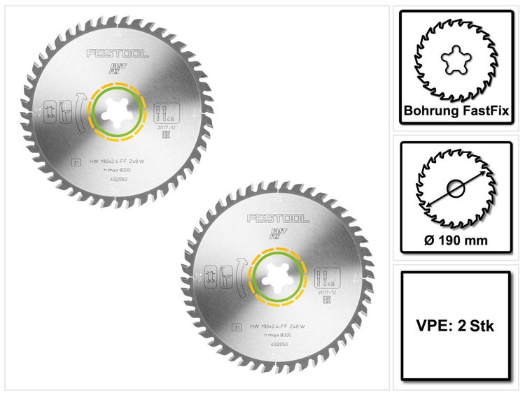 Festool 2x Feinzahn Kreissägeblatt HW 190 x 2,4 mm xFF W48 190 mm 48 Zähne FastFix ( 2x 492050 )