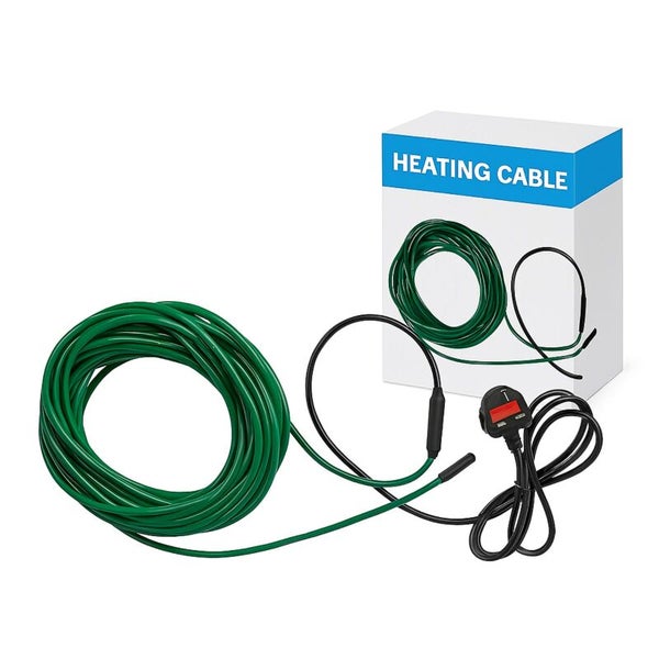 Grünes Heizkabel mit Thermostat und Stecker neben der Produktverpackung.