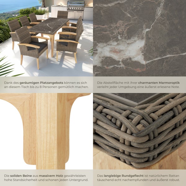 Rattan Tisch tectake Foggia 196 x 87 x 76 cm mit Aluminium- und Holzgestell natur