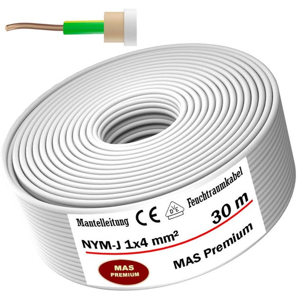 Mantelleitung NYM-J 1x4 Quadratmillimeter, 30 Meter Rolle, weißes Feuchtraumkabel für Elektroinstallationen.