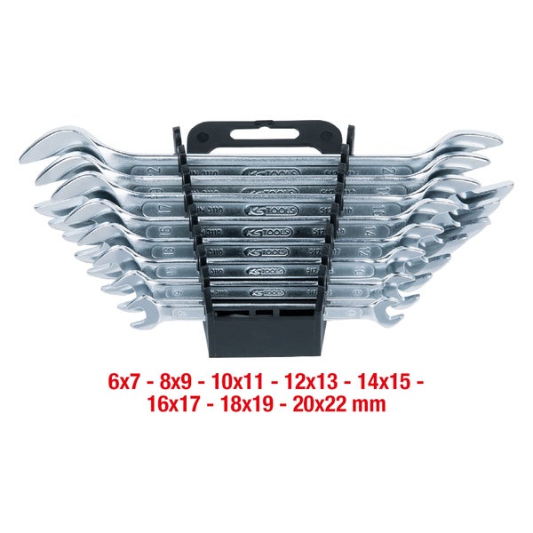 Satz Ringmaulschlüssel in Halterung mit Größen von 6x7 bis 20x22 Millimeter