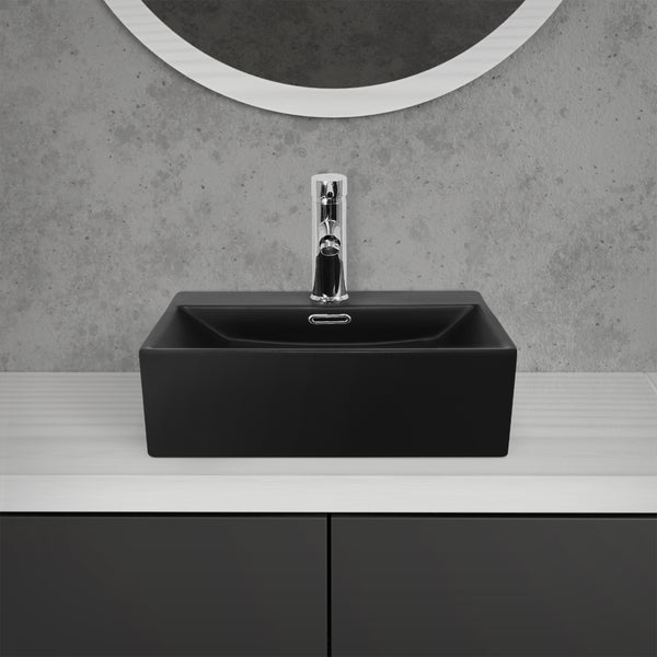 ML-Design Waschbecken aus Keramik Schwarz 415x360x130 mm Eckige Aufsatzwaschbecken, Moderne Waschtisch, Waschschale mit Überlauf und Abflussloch, Waschplatz Handwaschbecken, für Badezimmer/Gäste-WC