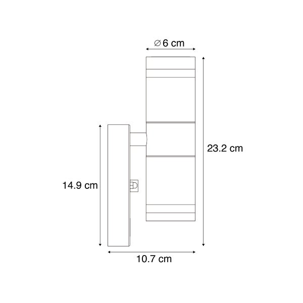 Maßzeichnung einer zylindrischen Außenwandleuchte: Höhe 23,2 Zentimeter, Durchmesser 6 Zentimeter, Tiefe 10,7 Zentimeter und Wandhalterung 14,9 Zentimeter.