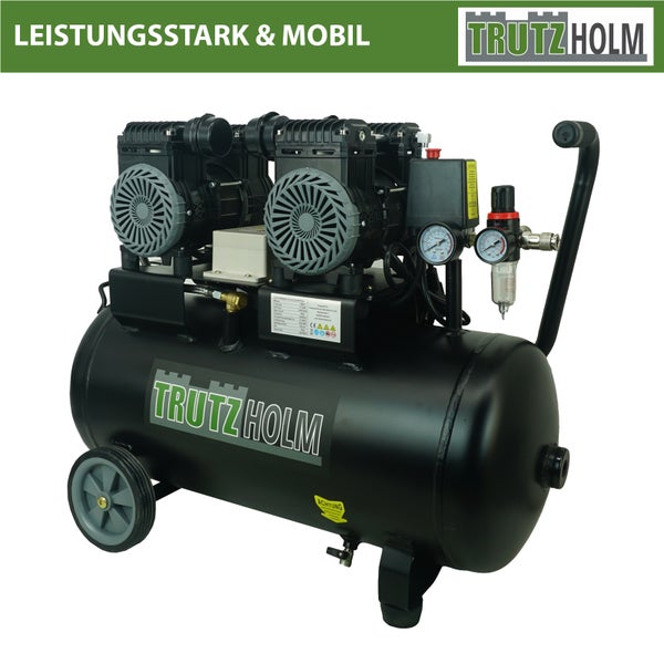 Mobiler Trutzholm Luftkompressor mit zwei Motoren und Drucklufttank auf Rädern.