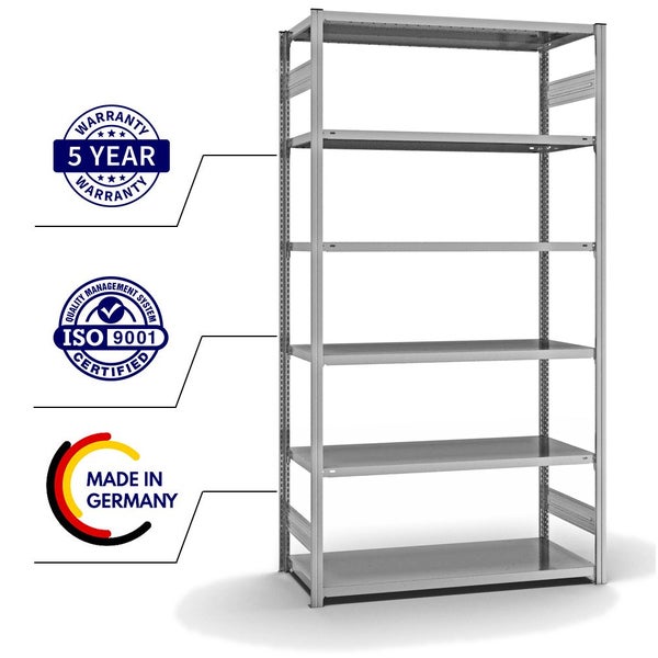 PROREGAL Fachbodenregal Stecksystem T-Profil Light-Duty Grundregal HxBxT 250 x 130 x 60 cm 6 Ebenen Fachlast 190 kg Beidseitig Nutzbar Verzinkt