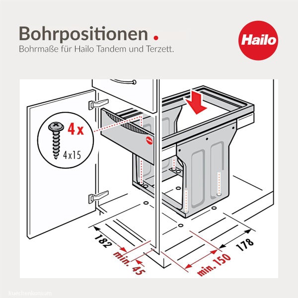 Bohrpositionen und Bohrmaße für Hailo Tandem und Terzett Abfallsammler im Küchenschrank mit Details zu Schrauben und Abständen sowie Hailo Logo.