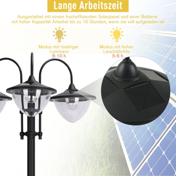 Outsunny Solarleuchte, Gartenlicht 3-köpfige Lampe mit Blumentopf-Basis, 60 x 55 x 189 cm, Edelstahl, Schwarz