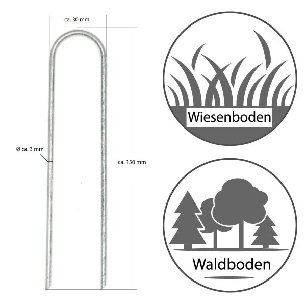 AMANKA 100 Stück Ø3,2mm Erdanker verzinkt 150x30mm Befestigungsanker Unkraut-Vlies Stahl Erdnägel Bodenanker U-Form rund