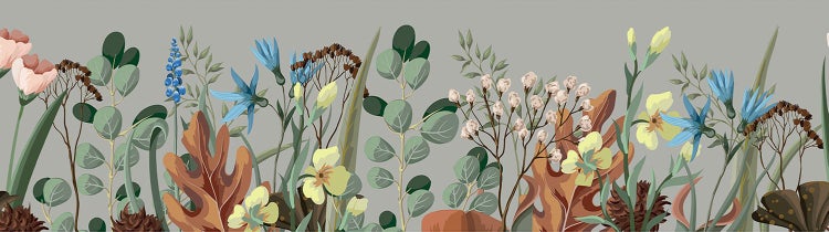 Tapetenbordüre mit Wiesenblumenmuster an einer hellen Wand in einem hellen Zimmer mit Sessel und Beistelltisch.