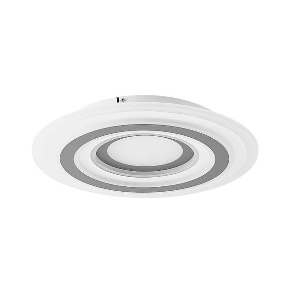 Runde LED-Deckenleuchte mit konzentrischen Ringen in Weiß und Grau.