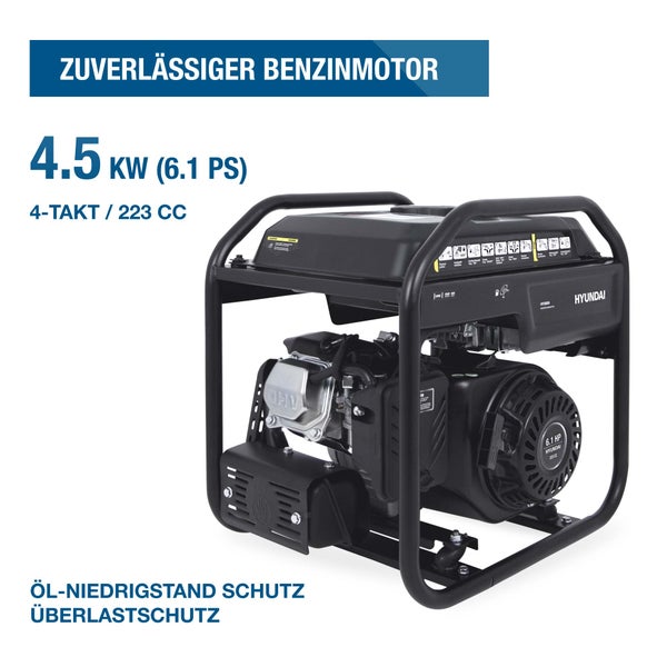 Hyundai Benzin Stromerzeuger, 4,5 Kilowatt, 6,1 Pferdestärken, Viertakt, 223 Kubikzentimeter, Öl-Niedrigstand-Schutz und Überlastschutz.