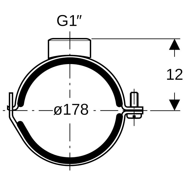 Maßzeichnung einer Rohrschelle mit Gummieinlage, G 1 Zoll Anschlussgewinde, 178 Millimeter Durchmesser und 12 Millimeter Bauhöhe.