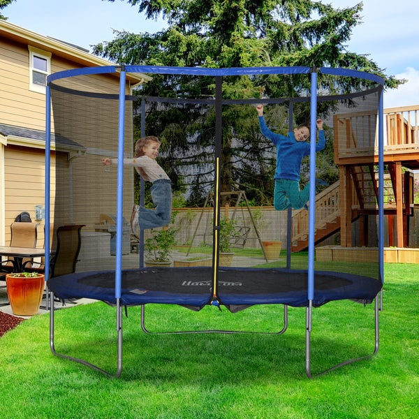 HOMCOM Trampolin mit Sicherheitsnetz Gartentrampolin für Innen- und Außenbereich Fitnesstrampolin für Kinder und Erwachsene Stahl Blau+Schwarz bis 113,6 kg Ø305 x 248H cm