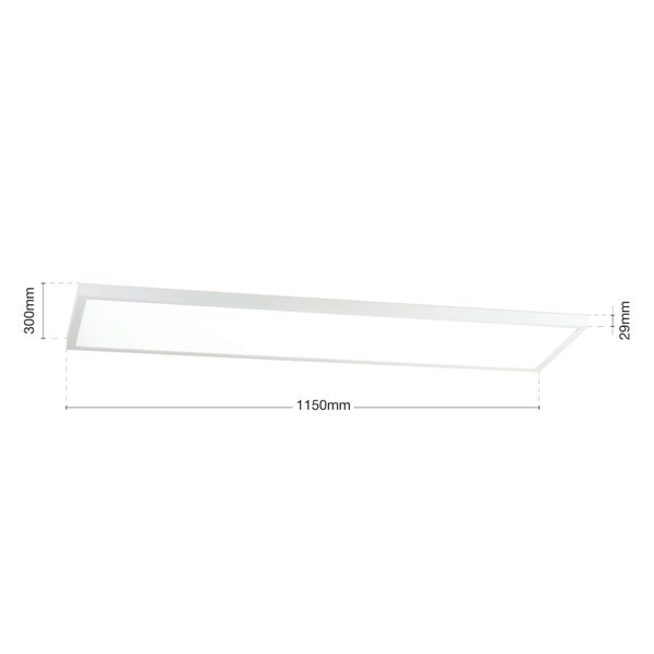 Abmessungen einer Deckenleuchte: 1150 mm Länge, 300 mm Breite und 29 mm Höhe.