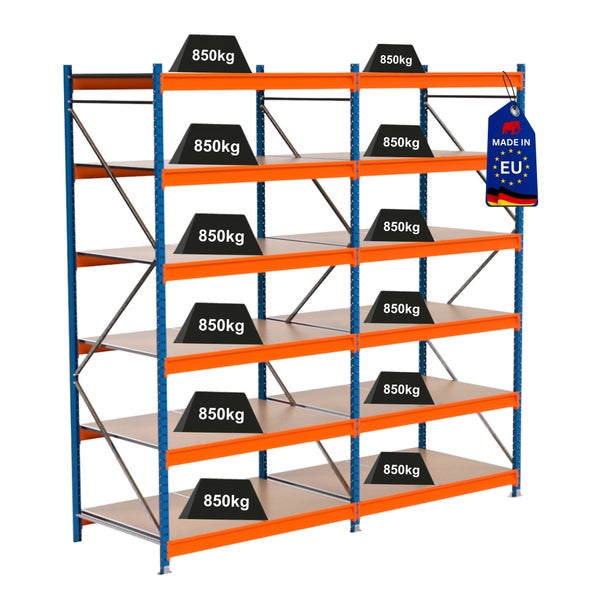 Lagerregal mit Gewichtsangabe 850 Kilogramm und Made in EU Siegel
