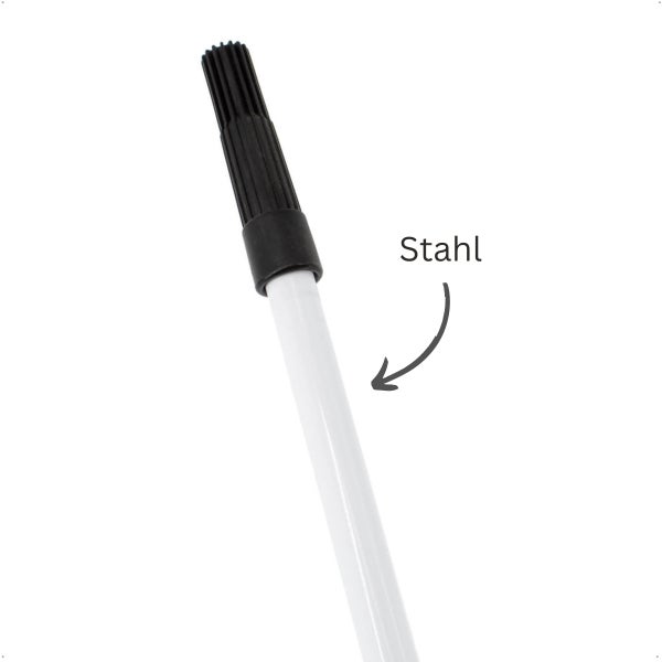 Weißer Stiel aus Stahl mit einem schwarzen, geriffelten Kunststoffadapter am oberen Ende.