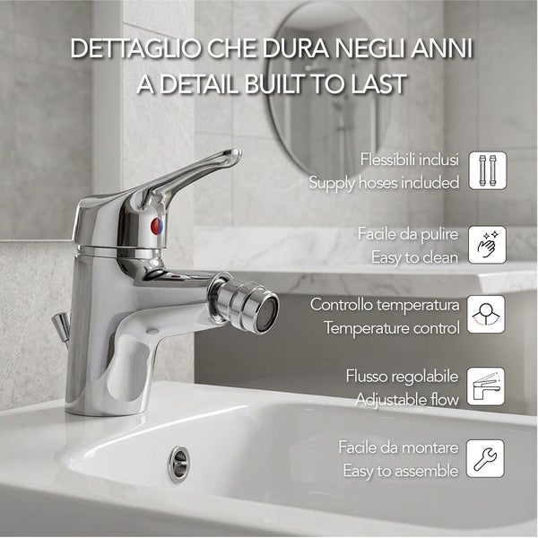 Bidet-Mischbatterie aus Chrom auf weißem Waschbecken mit Funktions-Symbolen wie Temperaturregelung und einfacher Montage.