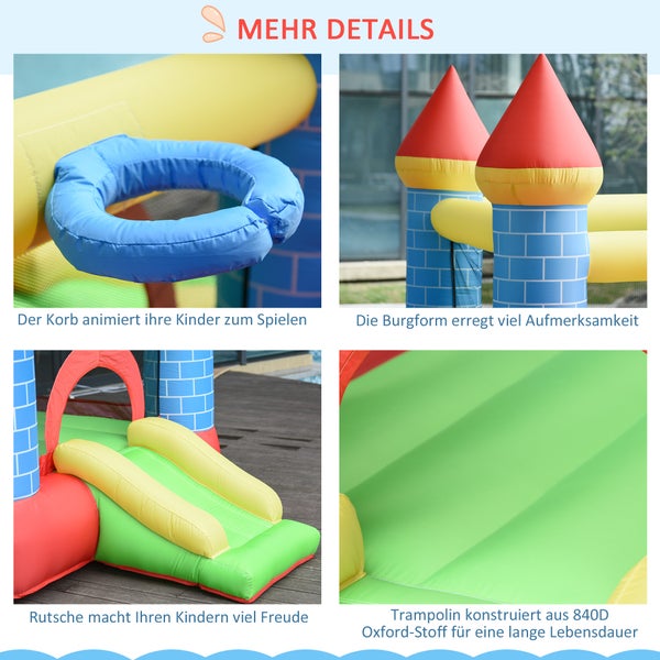 Outsunny Aufblasbare Hüpfburg mit Rutsche Pool für 3 Kinder Burg Springburg mit Gebläse Spielburg Spielhaus für 3-8 Jahre Oxford-, Polyester-Gewebe Rot+Blau+Grün 280 x 260 x 210 cm
