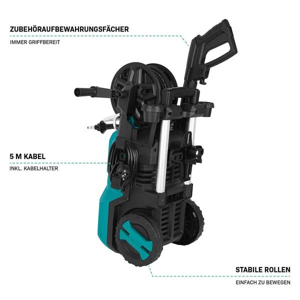 Hochdruckreiniger mit Zubehörfächern, 5 Meter Kabel und Rollen für Mobilität