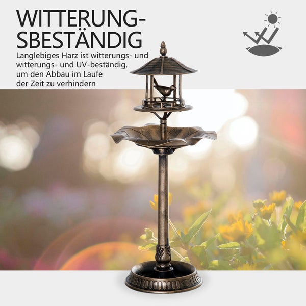 Witterungsbeständiges, bronzefarbenes Vogelbad aus Kunstharz mit Vogelhaus und Blatt-Design, Ultraviolett-beständig für den Außenbereich.