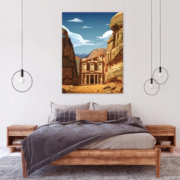 Wandbild mit Motiv der antiken Stadt Petra in einem Schlafzimmer mit Holzmöbeln
