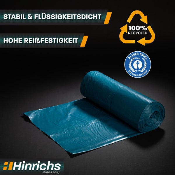 Blaue Müllbeutel auf Rolle, 100 Prozent Recycling, Umweltsiegel Blauer Engel und Hinrichs Logo. Stabil, flüssigkeitsdicht und reißfest.
