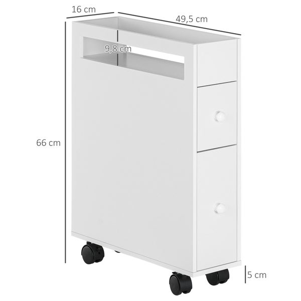 kleankin Badezimmerschrank mit Rollen, Nischenschrank mit 2 Schubladen, Badschrank mit offenem Fach, Badrollwagen, für Bad, 16 x 49,5 x 66 cm, Weiß