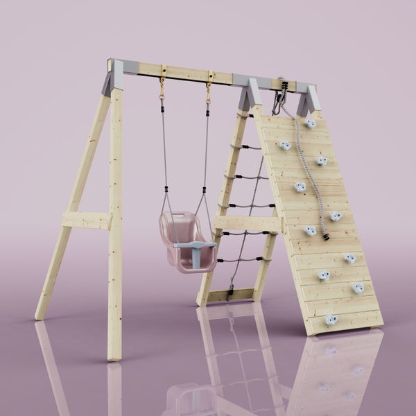 Spielgerät aus Holz mit Schaukel, Kletternetz und Kletterrampe für Kinder.